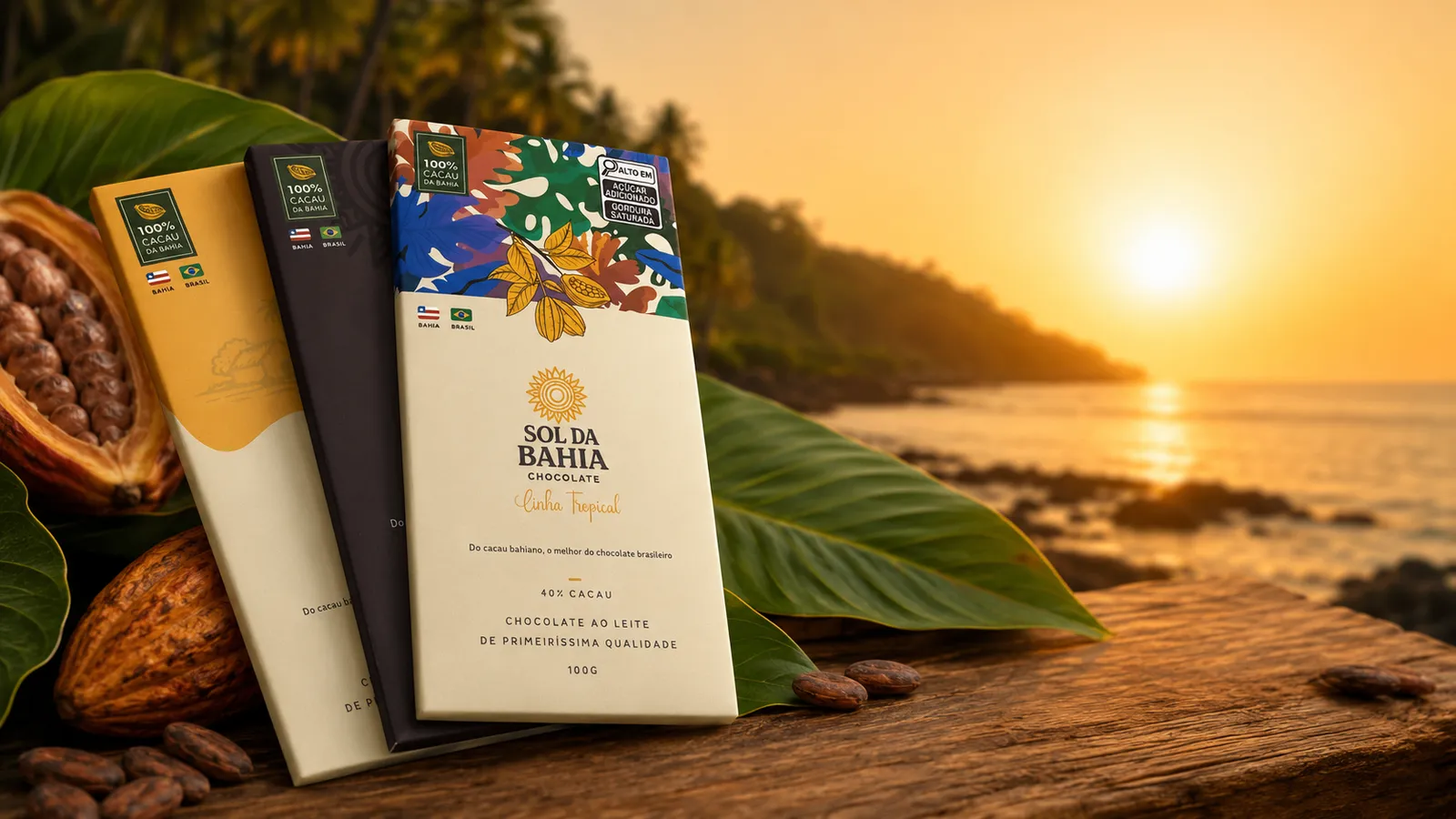 Três chocolates Sol da Bahia ao pôr do sol em uma praia da Bahia